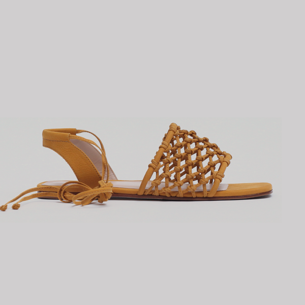 Flat sandal with ankle tie, marigold nubuck