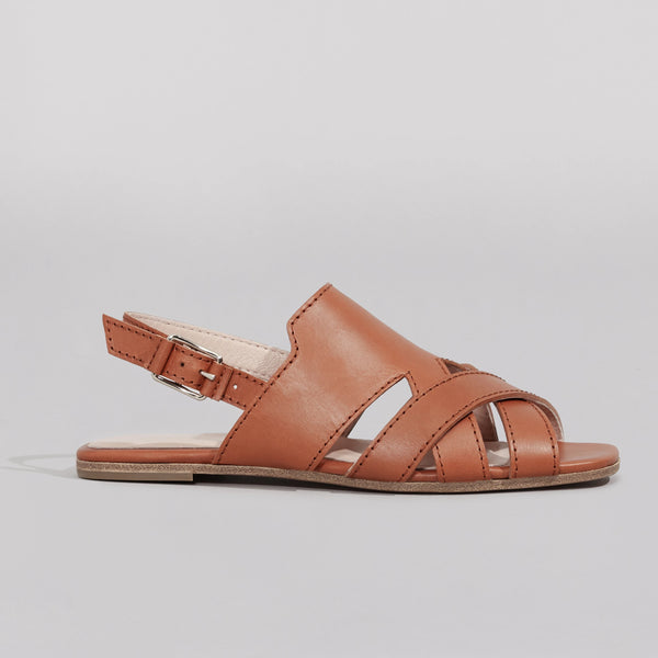 Wilder shoes - women's x-strap flat sandal in brown leather - profile view