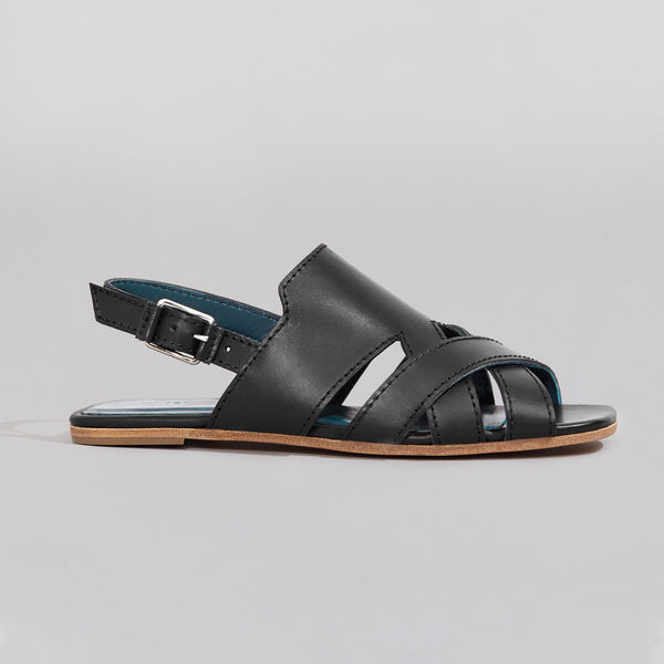 wilder shoes - black leather women's x-strap flat sandal - hazel - side view