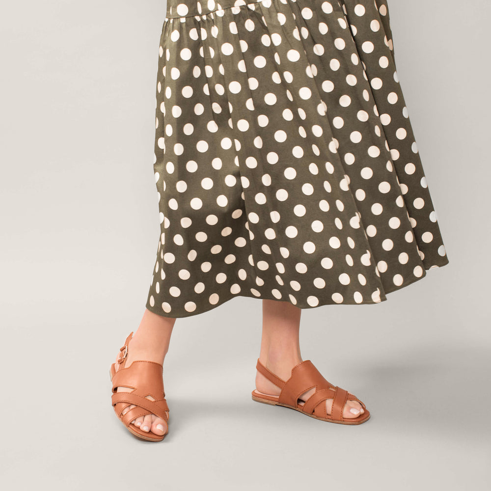 Wilder shoes - brown leather women's x-strap flat sandal - hazel - on-foot view
