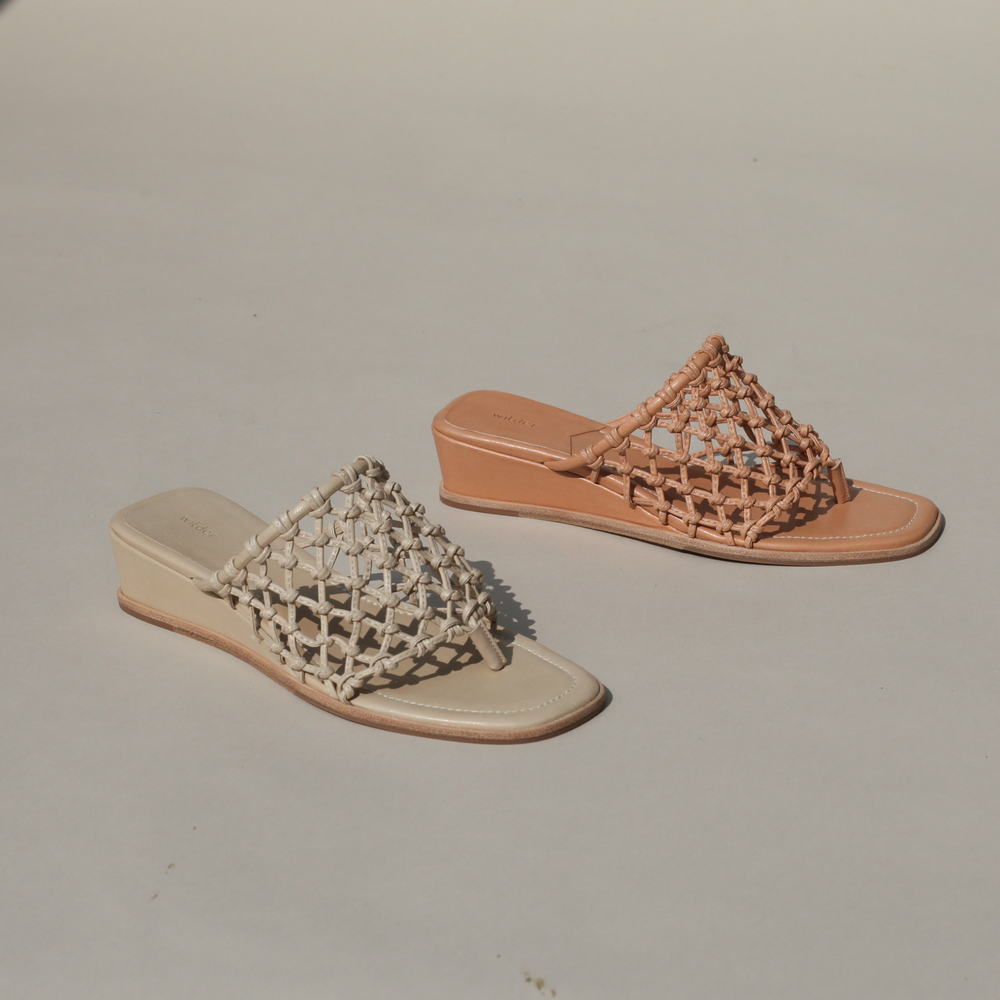 Flat sandal with ankle tie, tan and natural vachetta